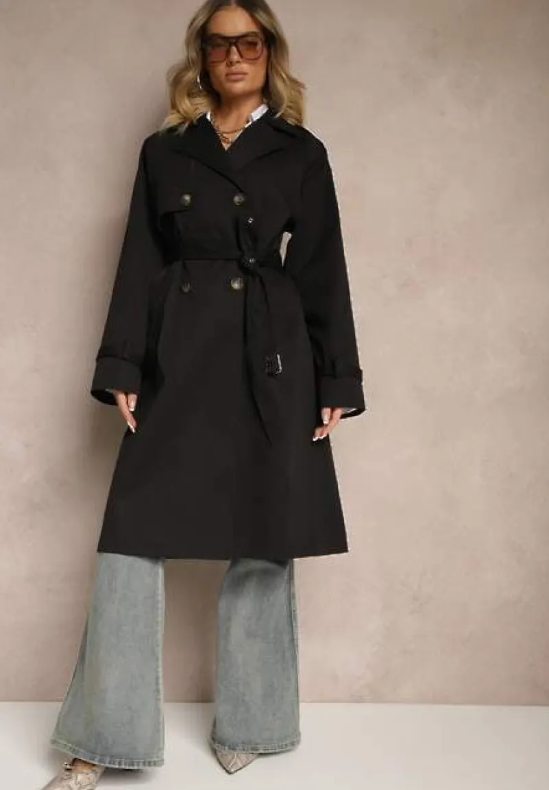 Czarny Dwurzędowy Płaszcz Typu Trencz z Pagonami i Paskiem w Talii Malwizia
