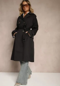 Czarny Dwurzędowy Płaszcz Typu Trencz z Pagonami i Paskiem w Talii Malwizia