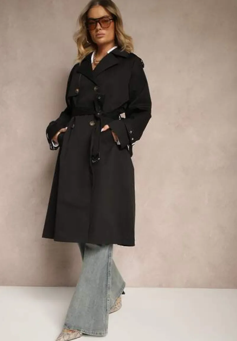 Czarny Dwurzędowy Płaszcz Typu Trencz z Pagonami i Paskiem w Talii Malwizia