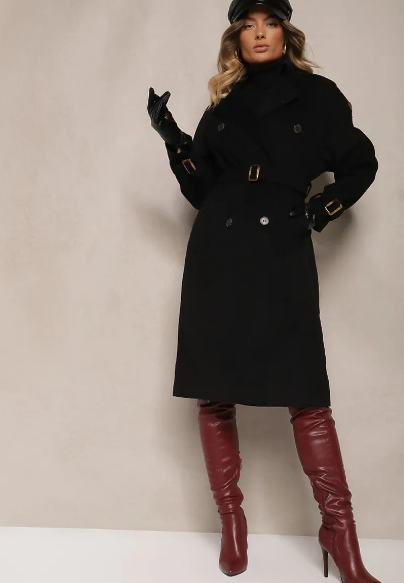 Czarny Dwurzędowy Płaszcz Trencz o Eleganckim Kroju z Paskiem Edioneta