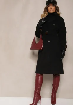 Czarny Dwurzędowy Płaszcz Trencz o Eleganckim Kroju z Paskiem Edioneta