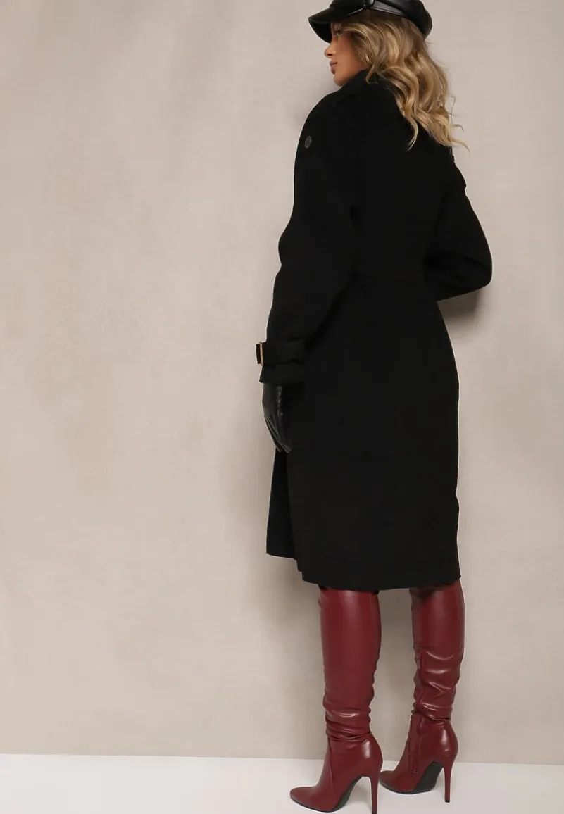 Czarny Dwurzędowy Płaszcz Trencz o Eleganckim Kroju z Paskiem Edioneta