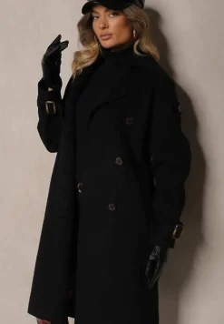 Czarny Dwurzędowy Płaszcz Trencz o Eleganckim Kroju z Paskiem Edioneta