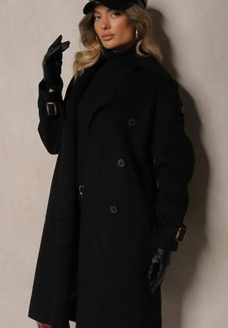 Czarny Dwurzędowy Płaszcz Trencz o Eleganckim Kroju z Paskiem Edioneta