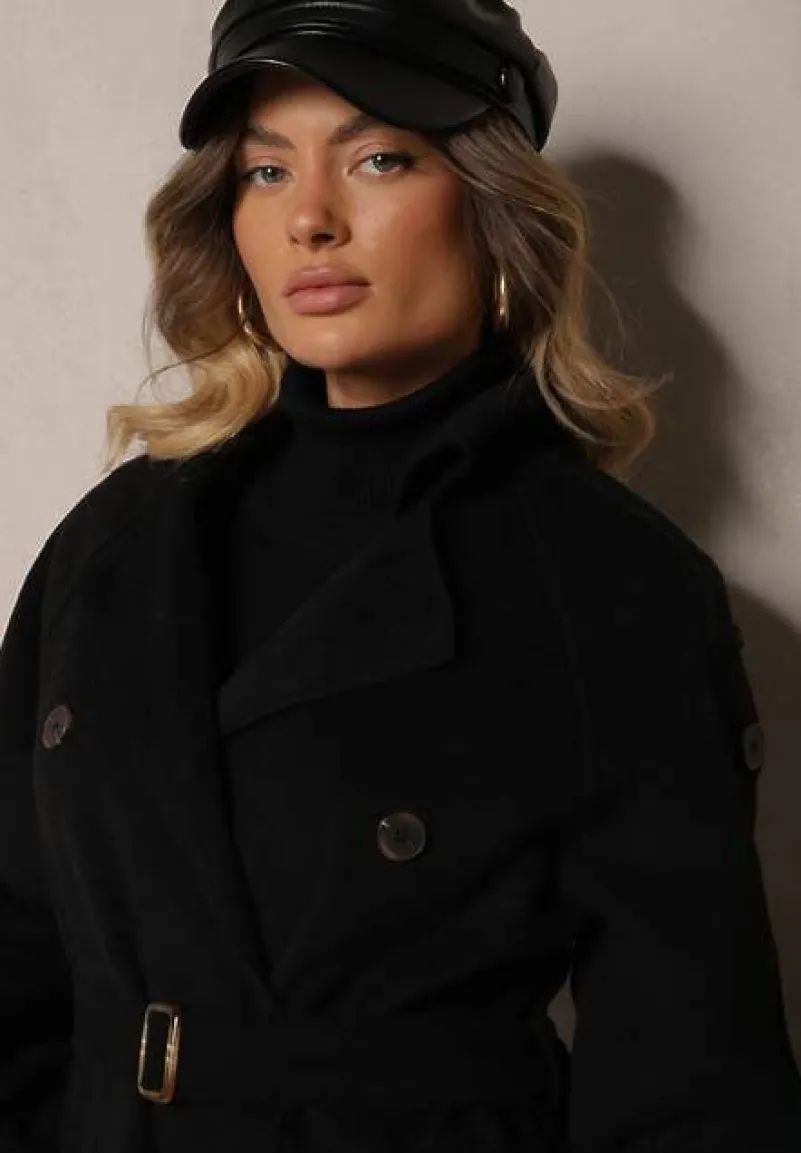 Czarny Dwurzędowy Płaszcz Trencz o Eleganckim Kroju z Paskiem Edioneta