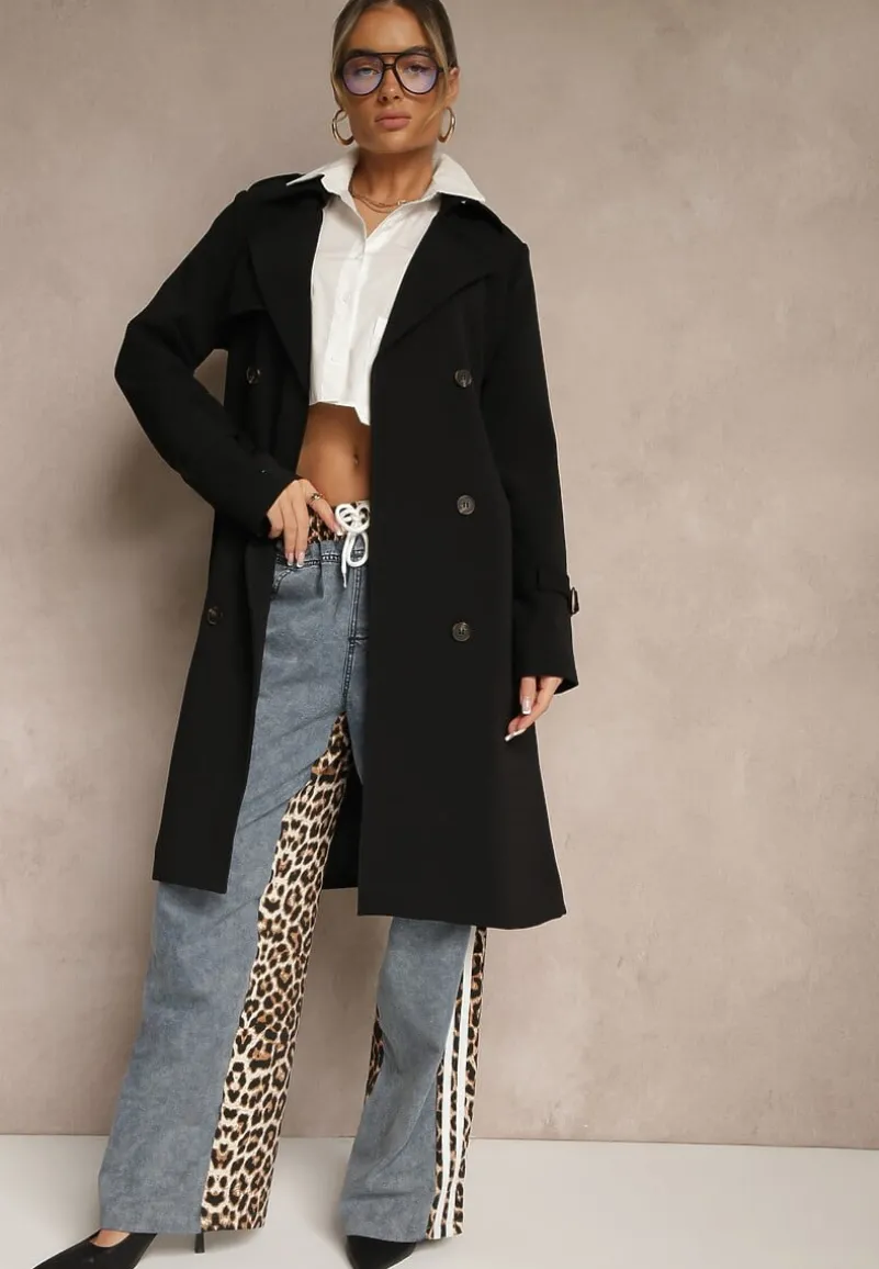 Czarny Dwurzędowy Płaszcz Trencz z Wiskozą z Wiązanym Paskiem Pollimene