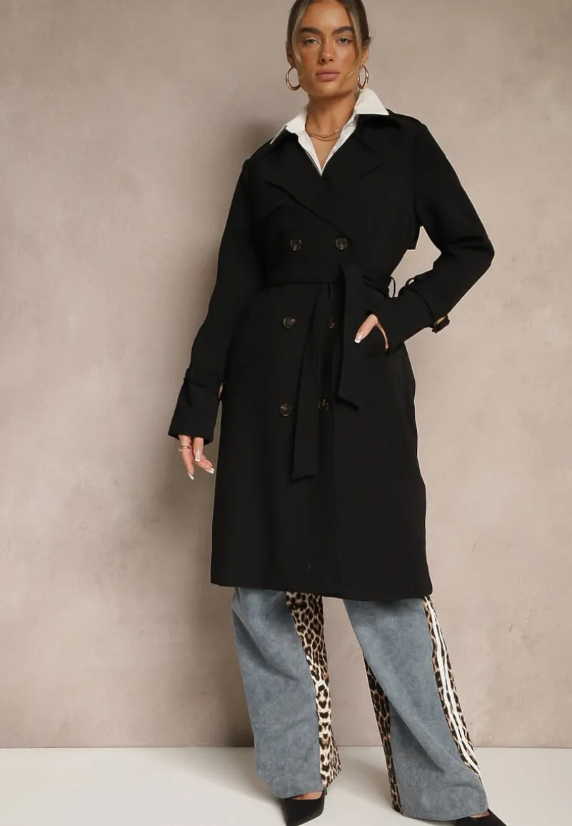 Czarny Dwurzędowy Płaszcz Trencz z Wiskozą z Wiązanym Paskiem Pollimene