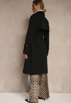 Czarny Dwurzędowy Płaszcz Trencz z Wiskozą z Wiązanym Paskiem Pollimene