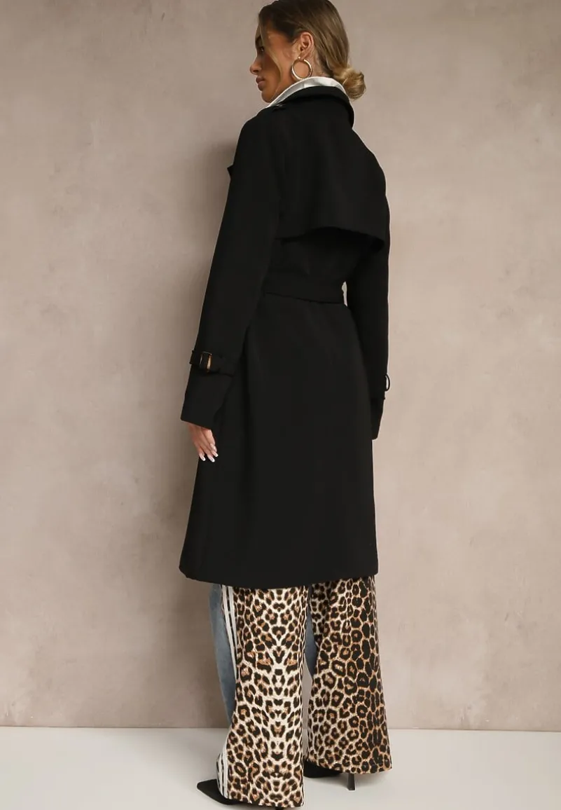 Czarny Dwurzędowy Płaszcz Trencz z Wiskozą z Wiązanym Paskiem Pollimene