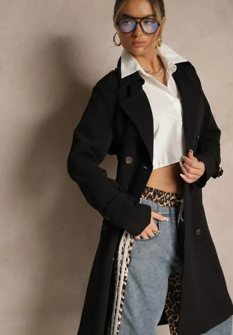 Czarny Dwurzędowy Płaszcz Trencz z Wiskozą z Wiązanym Paskiem Pollimene