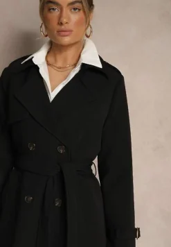 Czarny Dwurzędowy Płaszcz Trencz z Wiskozą z Wiązanym Paskiem Pollimene