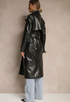 Czarny Dwurzędowy Płaszcz Trencz z Imitacji Skóry z Wiązanym Paskiem Niladriana