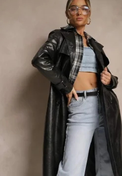 Czarny Dwurzędowy Płaszcz Trencz z Imitacji Skóry z Wiązanym Paskiem Niladriana