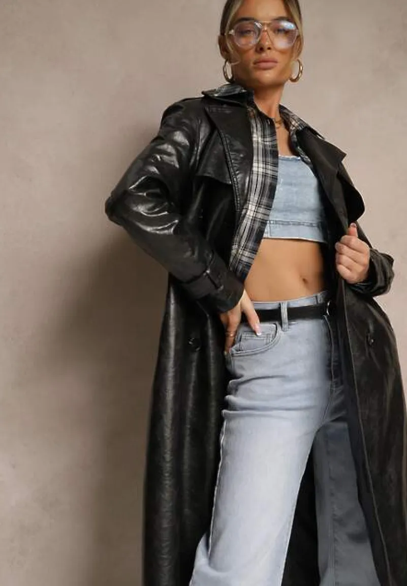 Czarny Dwurzędowy Płaszcz Trencz z Imitacji Skóry z Wiązanym Paskiem Niladriana