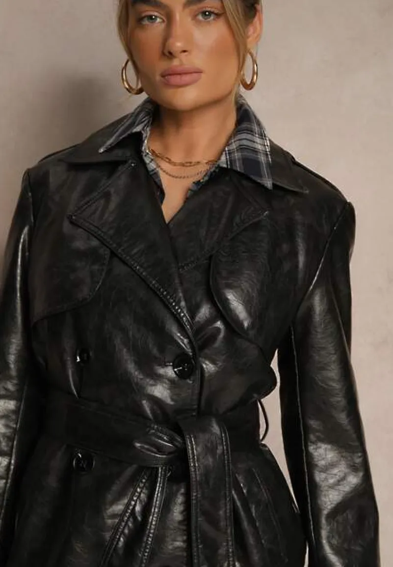 Czarny Dwurzędowy Płaszcz Trencz z Imitacji Skóry z Wiązanym Paskiem Niladriana