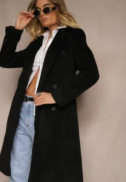 Czarny Dwurzędowy Płaszcz z Wiskozy z Paskiem w Talii Beluna