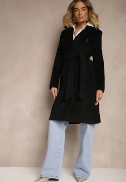 Czarny Dwurzędowy Płaszcz z Wiskozy z Paskiem w Talii Beluna