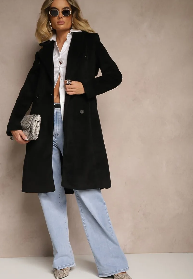Czarny Dwurzędowy Płaszcz z Wiskozy z Paskiem w Talii Beluna