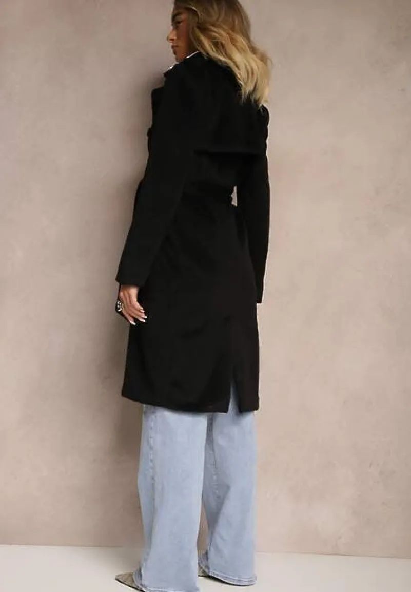 Czarny Dwurzędowy Płaszcz z Wiskozy z Paskiem w Talii Beluna