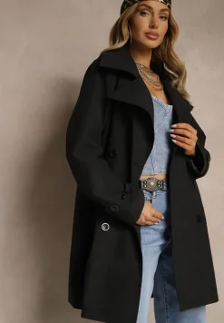 Czarny Dwurzędowy Płaszcz z Wiskozą o Fasonie Typu Trencz Sovmio