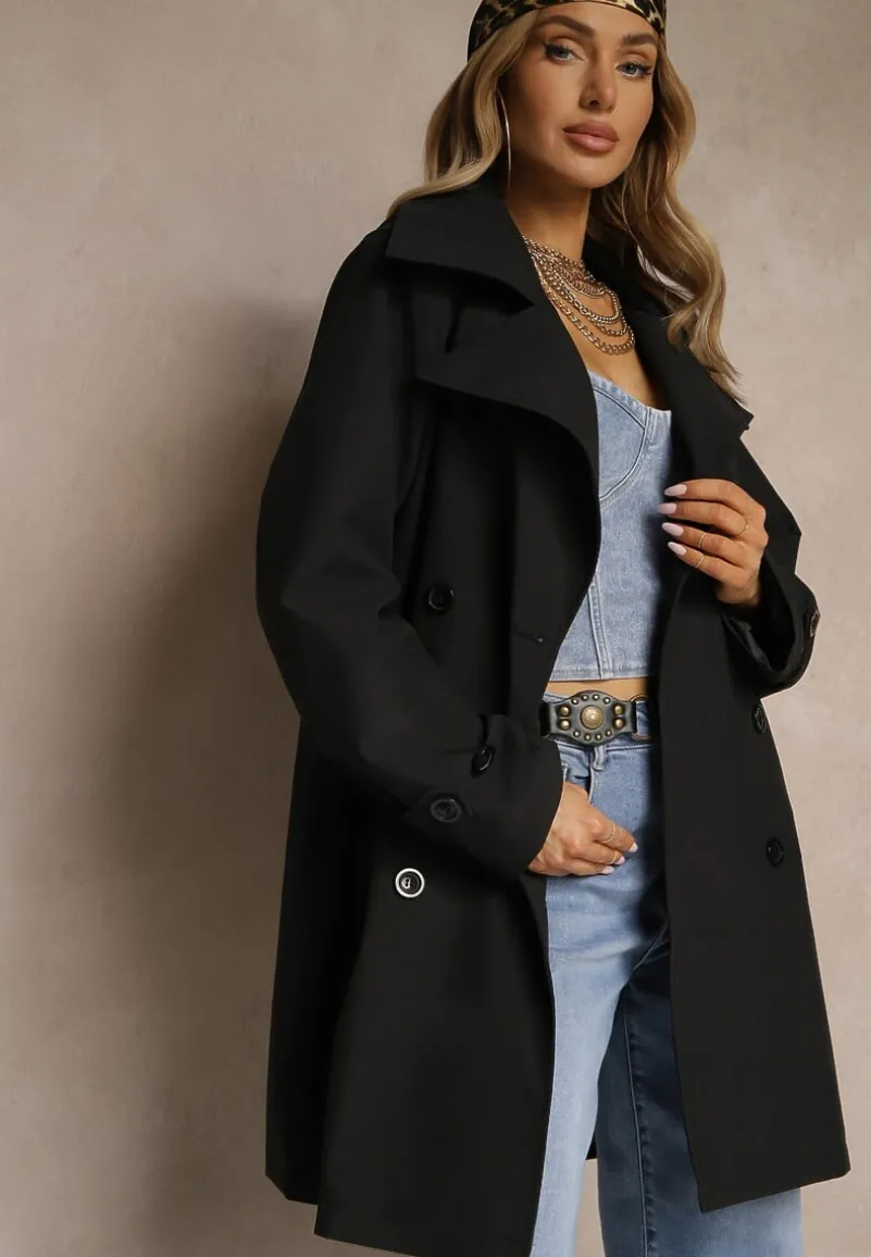 Czarny Dwurzędowy Płaszcz z Wiskozą o Fasonie Typu Trencz Sovmio