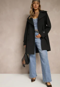 Czarny Dwurzędowy Płaszcz z Wiskozą o Fasonie Typu Trencz Sovmio