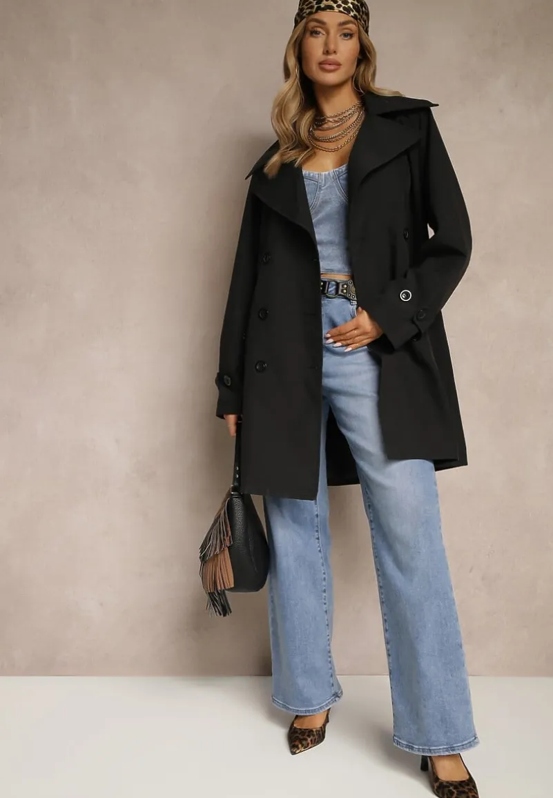 Czarny Dwurzędowy Płaszcz z Wiskozą o Fasonie Typu Trencz Sovmio
