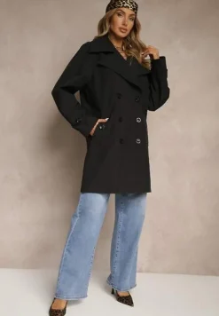 Czarny Dwurzędowy Płaszcz z Wiskozą o Fasonie Typu Trencz Sovmio