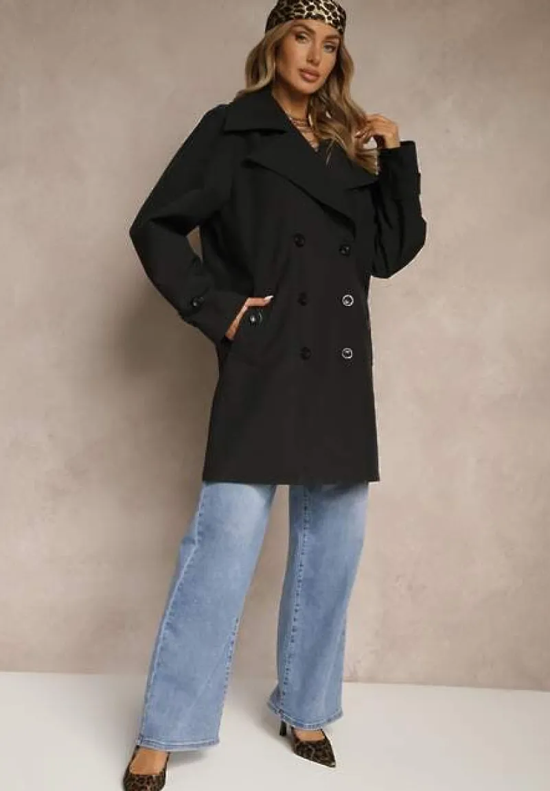 Czarny Dwurzędowy Płaszcz z Wiskozą o Fasonie Typu Trencz Sovmio