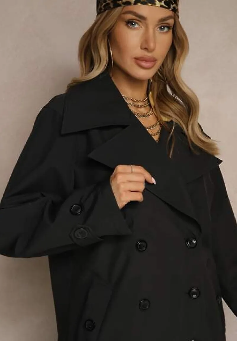 Czarny Dwurzędowy Płaszcz z Wiskozą o Fasonie Typu Trencz Sovmio
