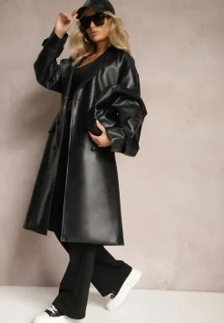 Czarny Dwurzędowy Płaszcz z Imitacji Skóry z Paskiem Dyrine