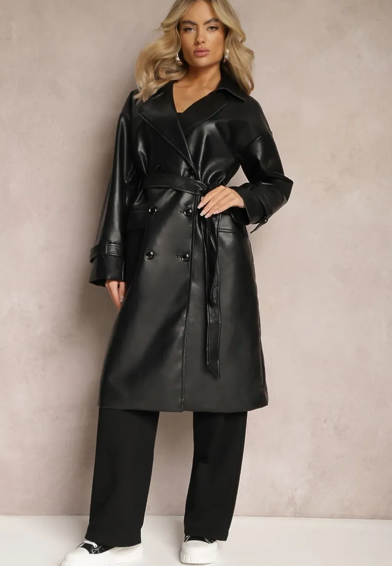 Czarny Dwurzędowy Płaszcz z Imitacji Skóry z Paskiem Dyrine