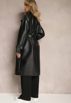 Czarny Dwurzędowy Płaszcz z Imitacji Skóry z Paskiem Dyrine