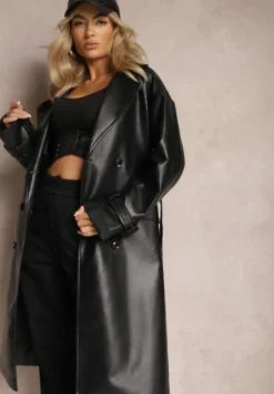 Czarny Dwurzędowy Płaszcz z Imitacji Skóry z Paskiem Dyrine