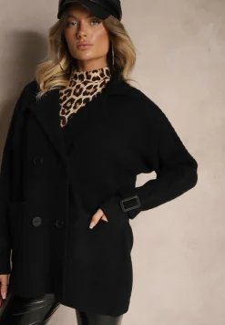 Czarny Dwurzędowy Płaszcz z Bawełną Guzikami i Ściągaczami przy Rękawach Ililina