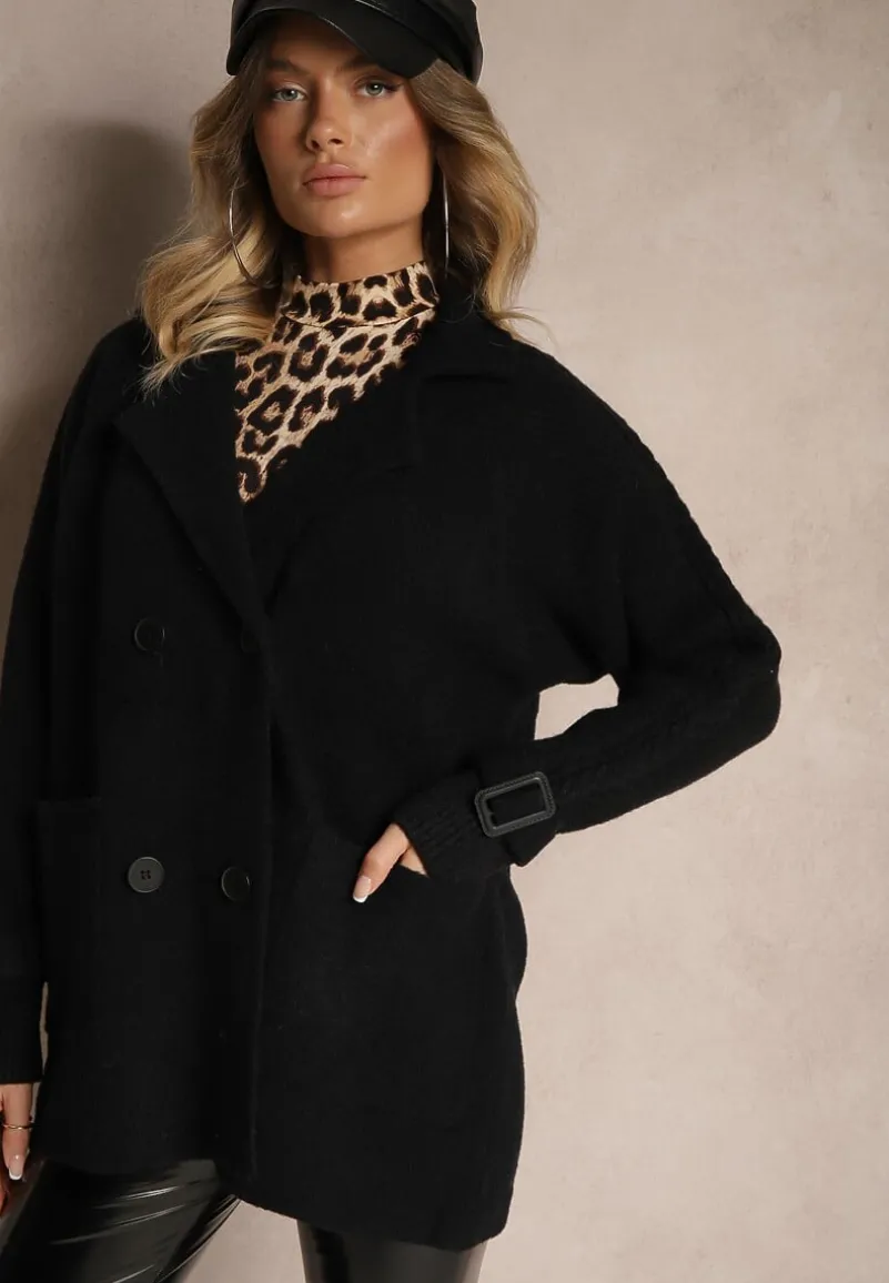 Czarny Dwurzędowy Płaszcz z Bawełną Guzikami i Ściągaczami przy Rękawach Ililina