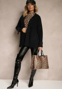 Czarny Dwurzędowy Płaszcz z Bawełną Guzikami i Ściągaczami przy Rękawach Ililina