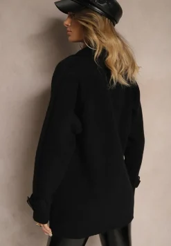 Czarny Dwurzędowy Płaszcz z Bawełną Guzikami i Ściągaczami przy Rękawach Ililina