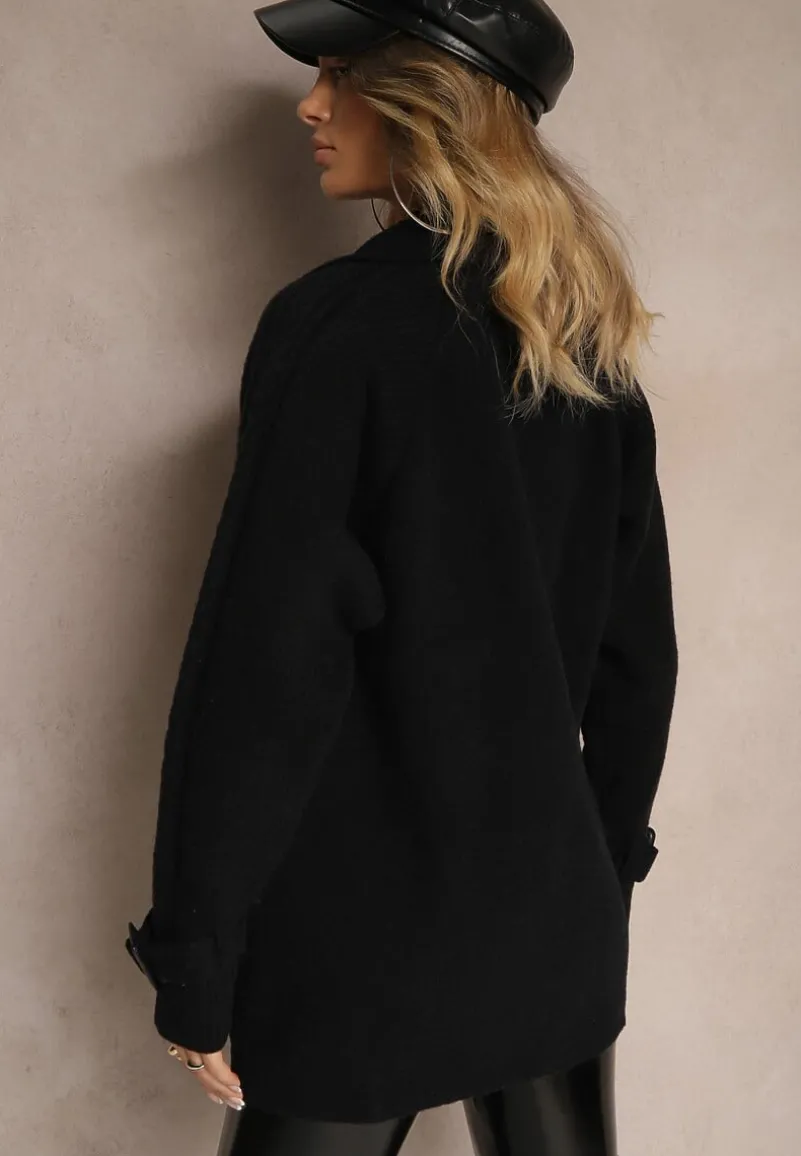 Czarny Dwurzędowy Płaszcz z Bawełną Guzikami i Ściągaczami przy Rękawach Ililina