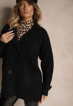 Czarny Dwurzędowy Płaszcz z Bawełną Guzikami i Ściągaczami przy Rękawach Ililina