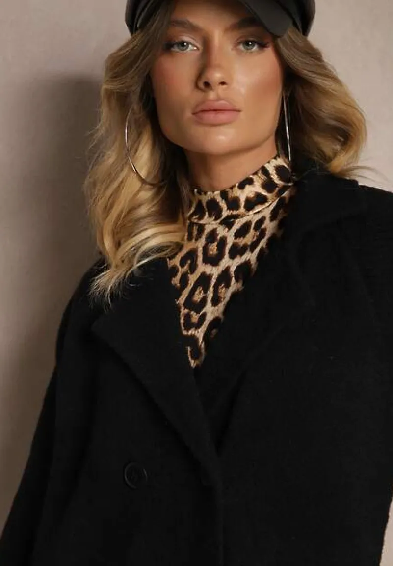 Czarny Dwurzędowy Płaszcz z Bawełną Guzikami i Ściągaczami przy Rękawach Ililina