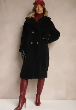 Czarny Dwurzędowy Płaszcz z Futerkiem Zelirra