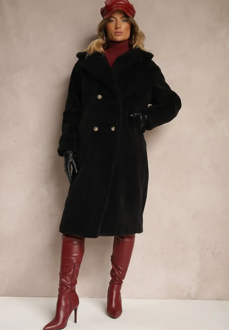 Czarny Dwurzędowy Płaszcz z Futerkiem Zelirra