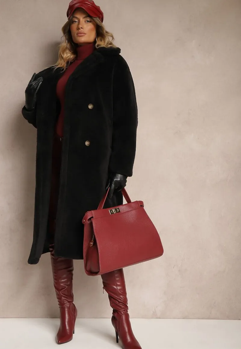 Czarny Dwurzędowy Płaszcz z Futerkiem Zelirra