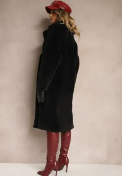 Czarny Dwurzędowy Płaszcz z Futerkiem Zelirra