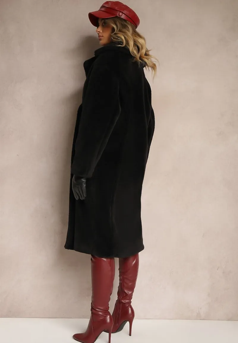 Czarny Dwurzędowy Płaszcz z Futerkiem Zelirra