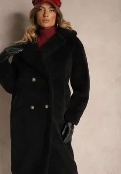 Czarny Dwurzędowy Płaszcz z Futerkiem Zelirra