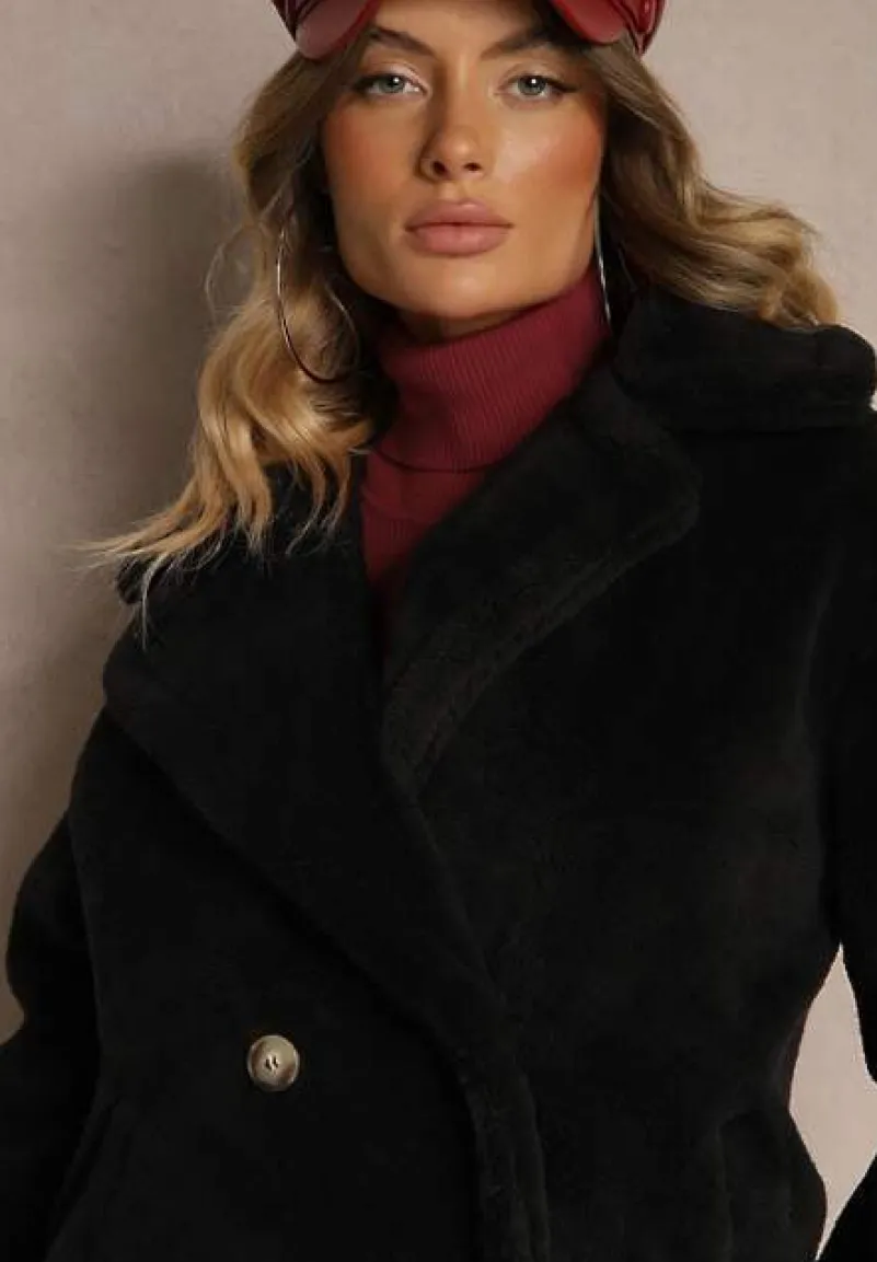 Czarny Dwurzędowy Płaszcz z Futerkiem Zelirra