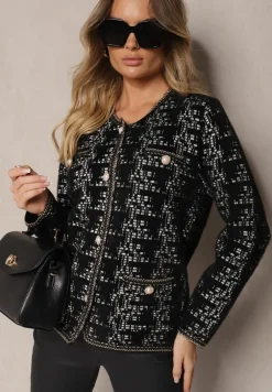 Czarny Dzianinowy Kardigan z Perłowymi Guzikami i Błyszczącą Nitką Dailira