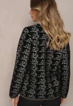 Czarny Dzianinowy Kardigan z Perłowymi Guzikami i Błyszczącą Nitką Dailira
